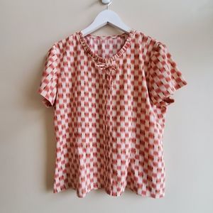 Vintage adorable blouse geometric pattern with little bow L